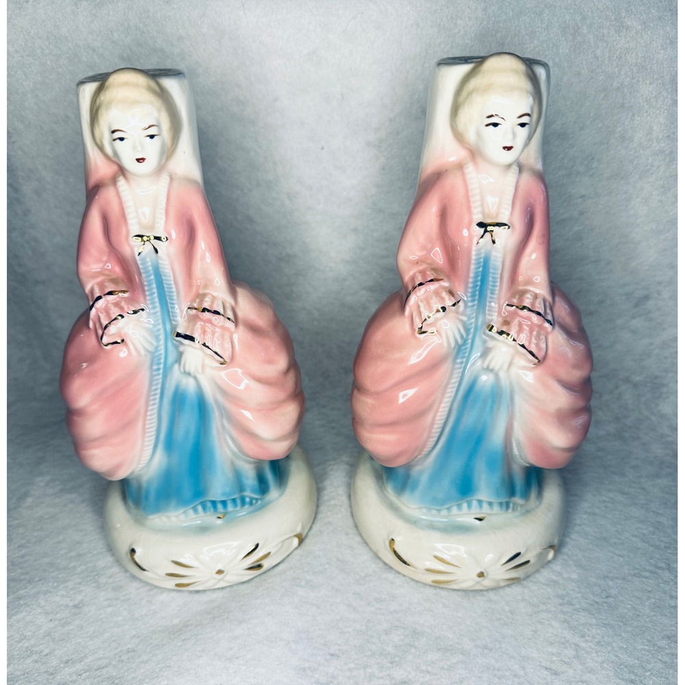 Vintage Lady‎ Figurine Vase Pair Pink Blue Floral Accent Decor lamp bases